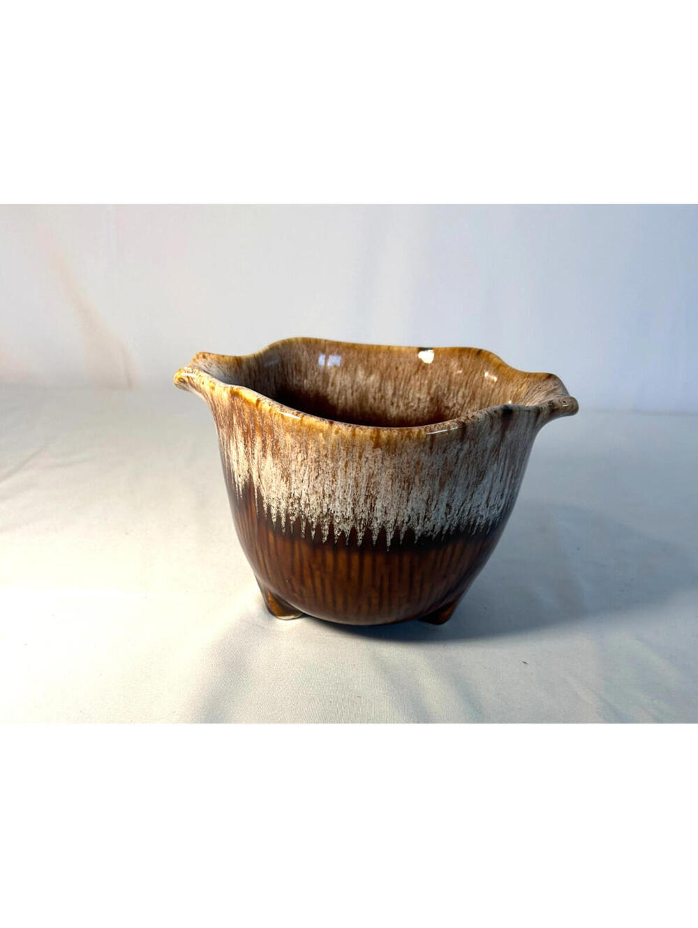 Vintage Sebring Pottery Stoneware Cauldron Brown Drip Glaze 3 Leg Double Spout